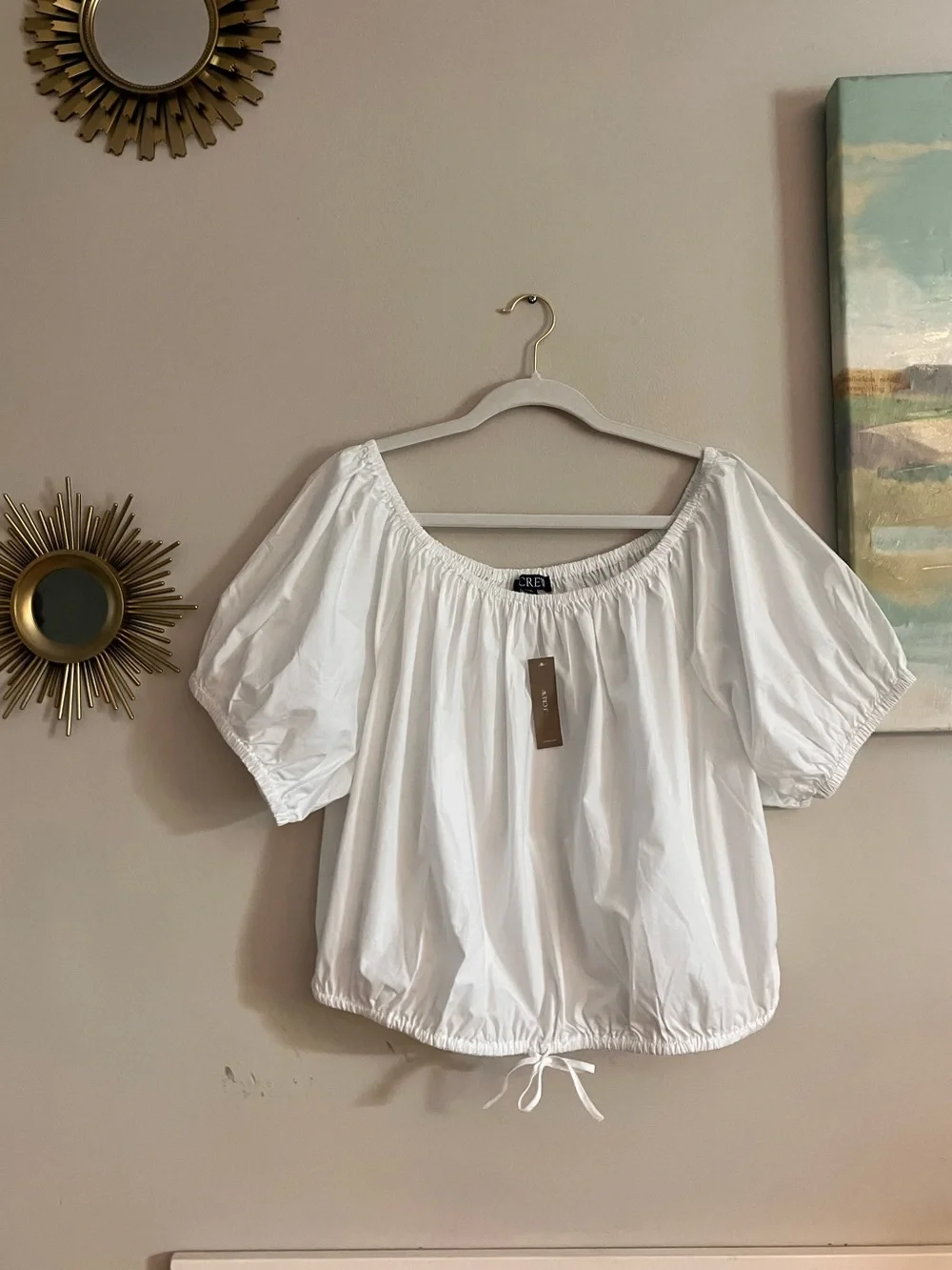 J. Crew White Puff-Sleeve Drawstring Cropped Peasant Blouse